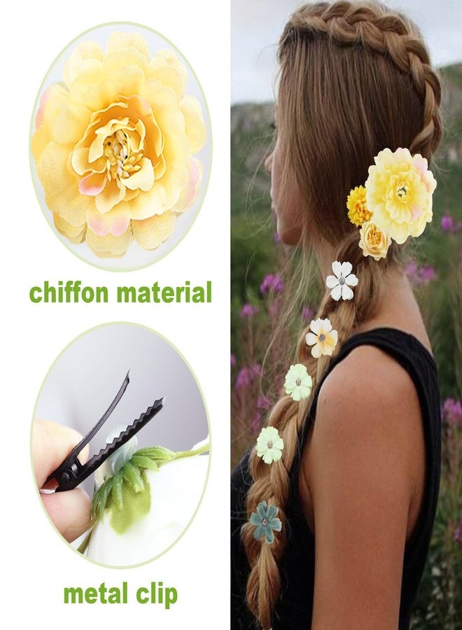 لابوهي 21 قطعة من مشابك الشعر الحريرية المزينة بالزهور، مشابك شعر نسائية أنيقة بنمط بوهيمي مزهر، مصنوعة يدوياً، إكسسوارات شعر للعروس، مشابك شعر على شكل وردة، إكسسوارات شعر لحفلات الزفاف (أخضر وأصفر). - Image 3